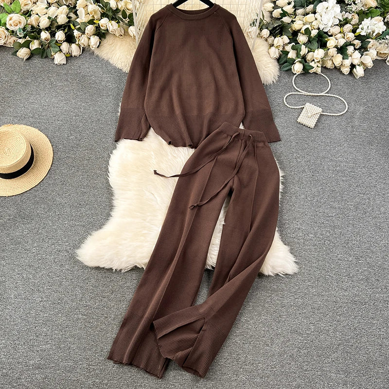 2 Piece Sets Long Sleeve O-Neck Sweater and Wide Leg Pants