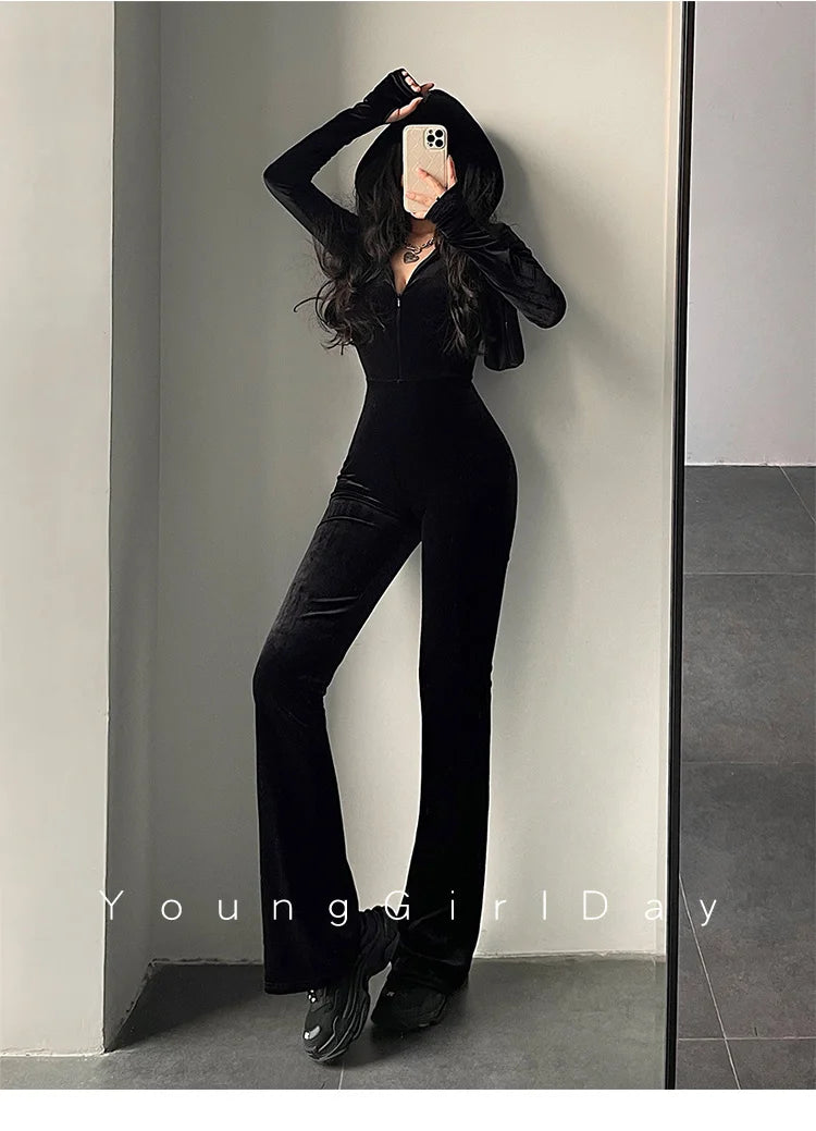 Black Velvet Slim Hooded Jumpsuit Rompers