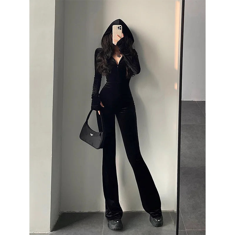 Black Velvet Slim Hooded Jumpsuit Rompers