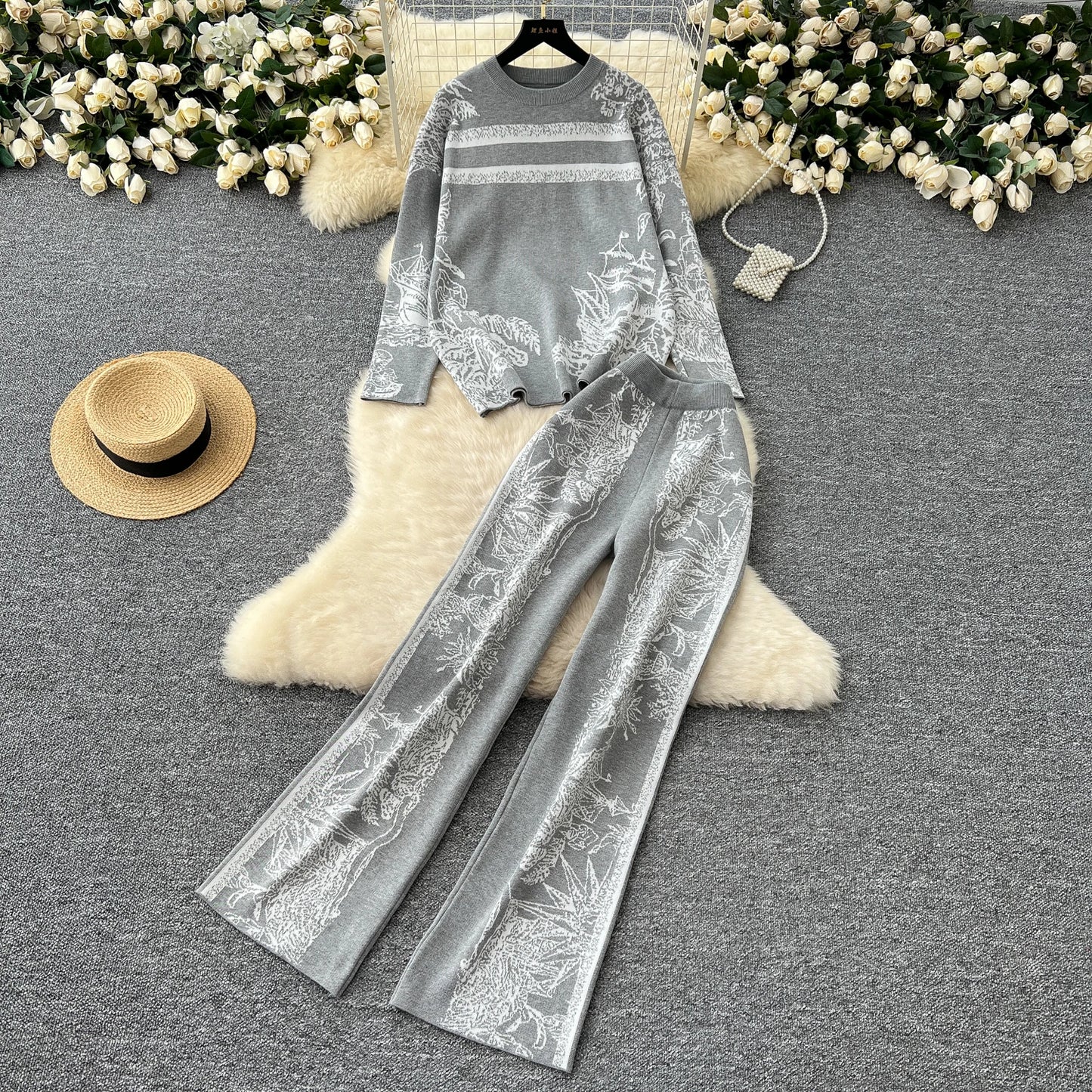 Two Pieces Suits Women Long Sleeve O Neck Sweater+Wide Leg Pants