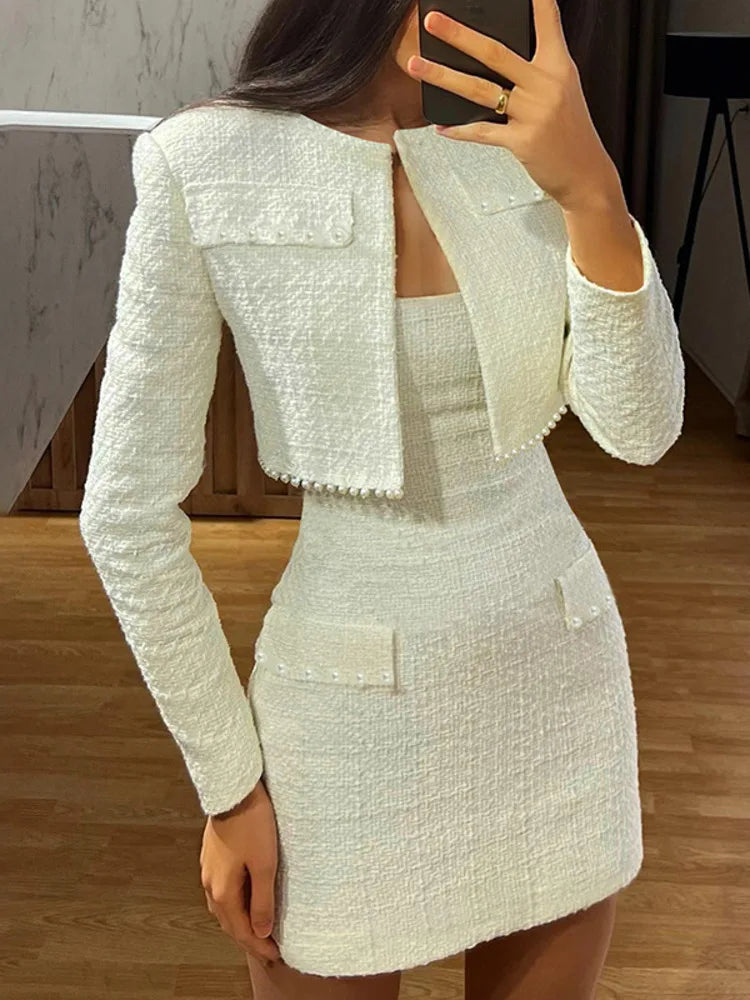 Long Sleeve Coat And Mini Dress Two Piece Sets