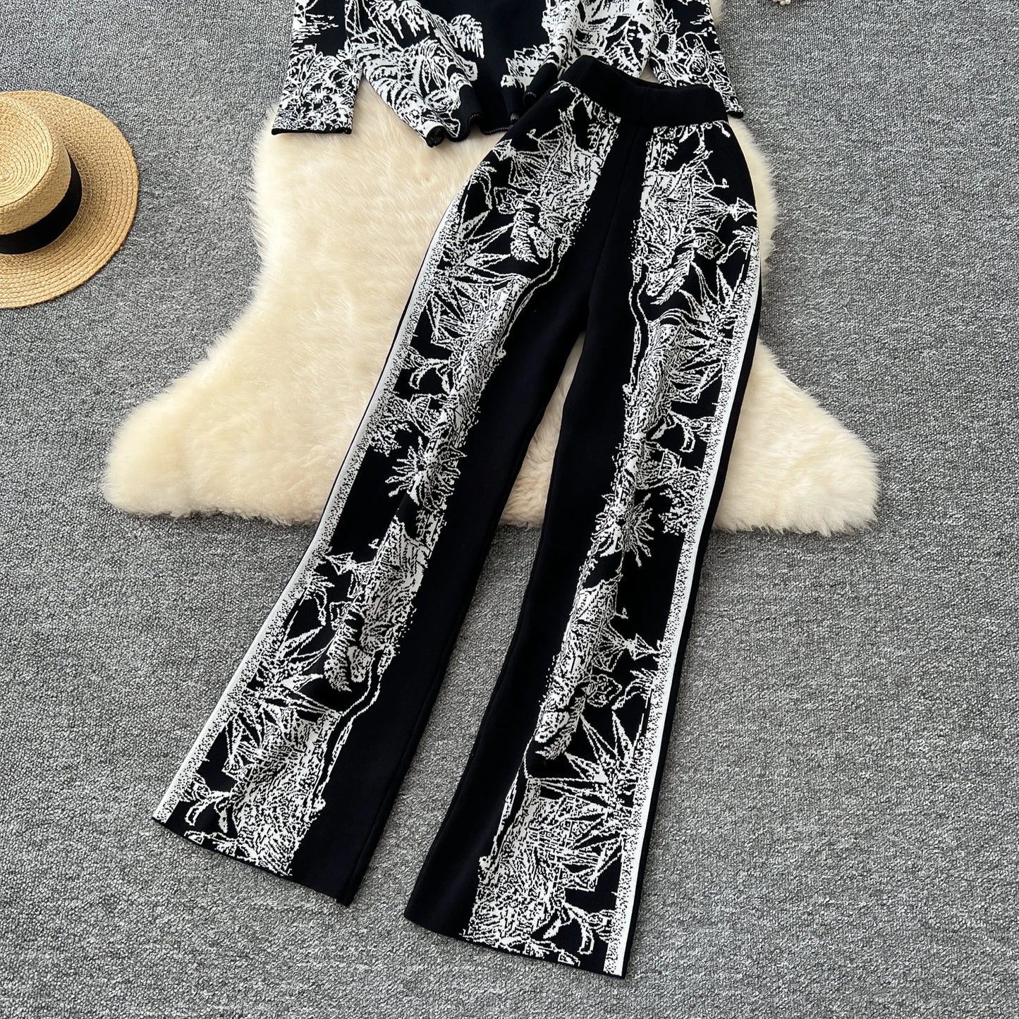 Two Pieces Suits Women Long Sleeve O Neck Sweater+Wide Leg Pants