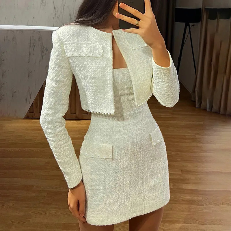 Long Sleeve Coat And Mini Dress Two Piece Sets