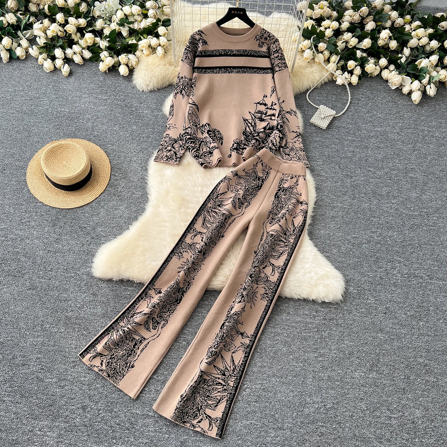 Two Pieces Suits Women Long Sleeve O Neck Sweater+Wide Leg Pants