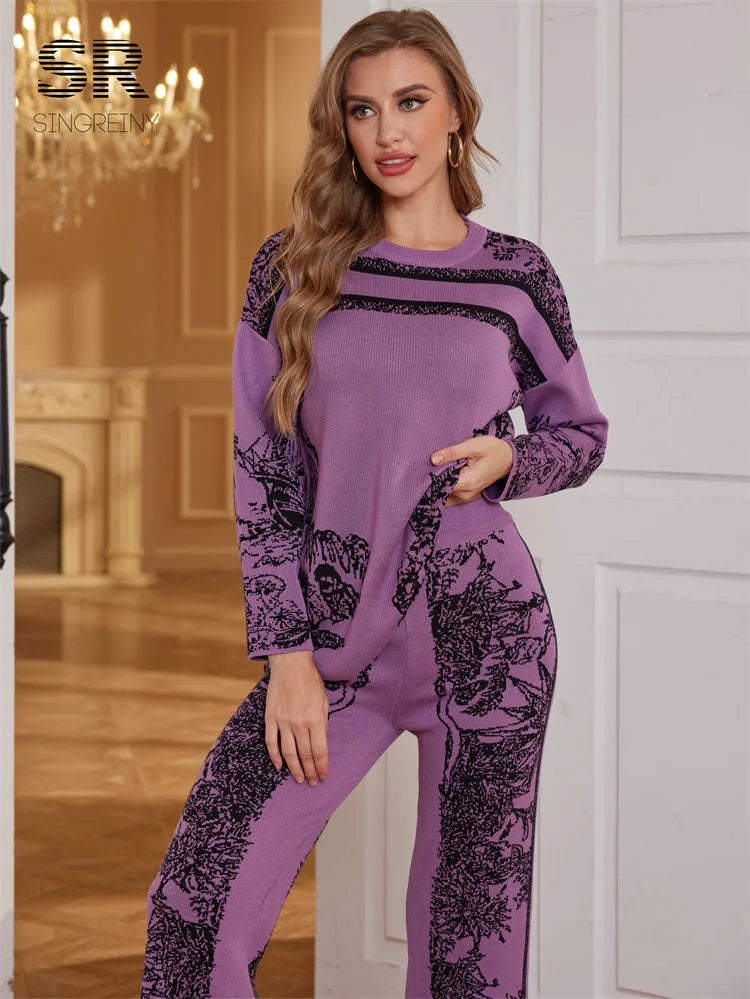 Two Pieces Suits Women Long Sleeve O Neck Sweater+Wide Leg Pants