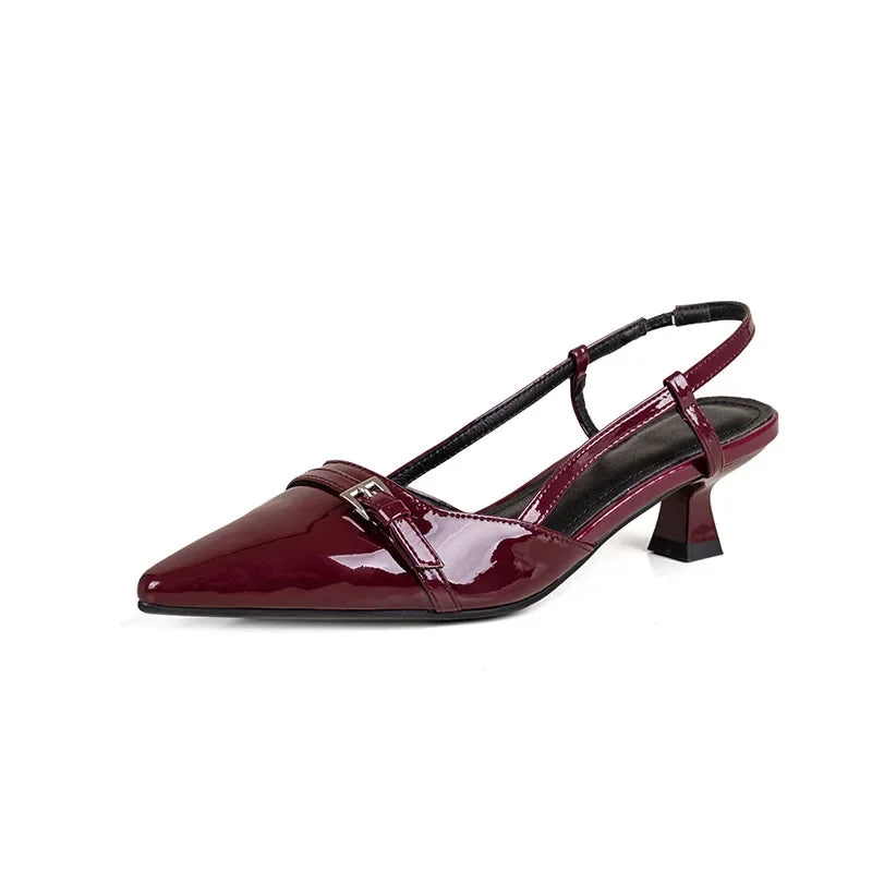 Wine Red Pointed Patent Leather Mid-heel Overhead Sandals Shoes