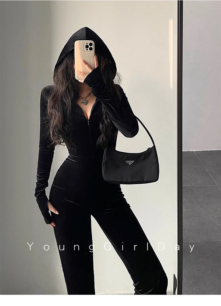 Black Velvet Slim Hooded Jumpsuit Rompers