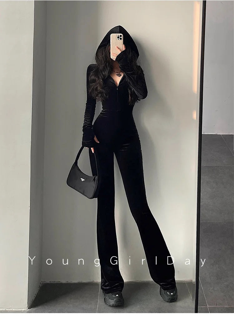 Black Velvet Slim Hooded Jumpsuit Rompers