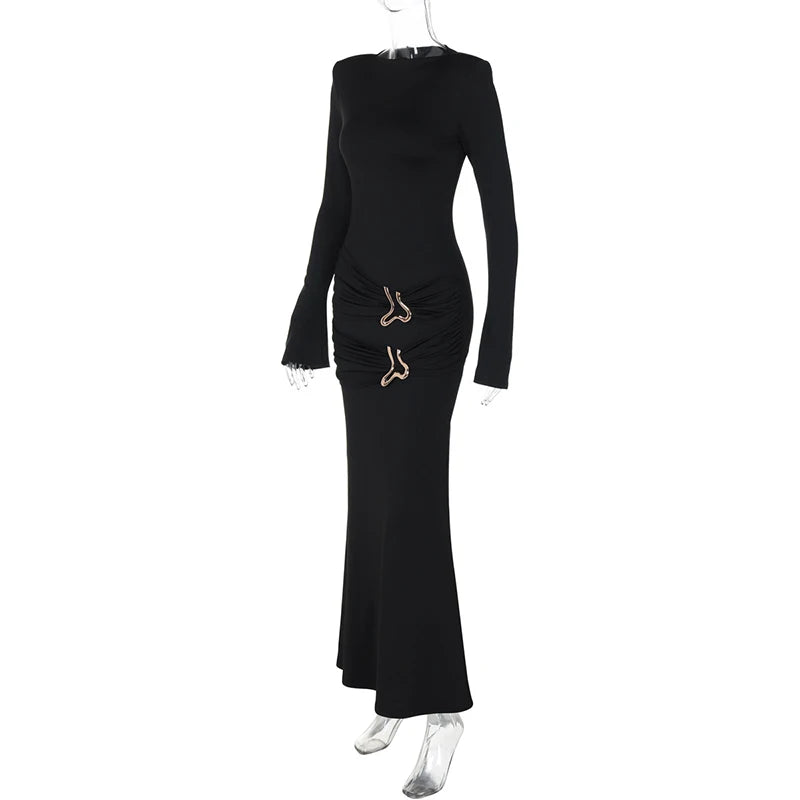 Long Sleeve O-neck Solid Long Dress